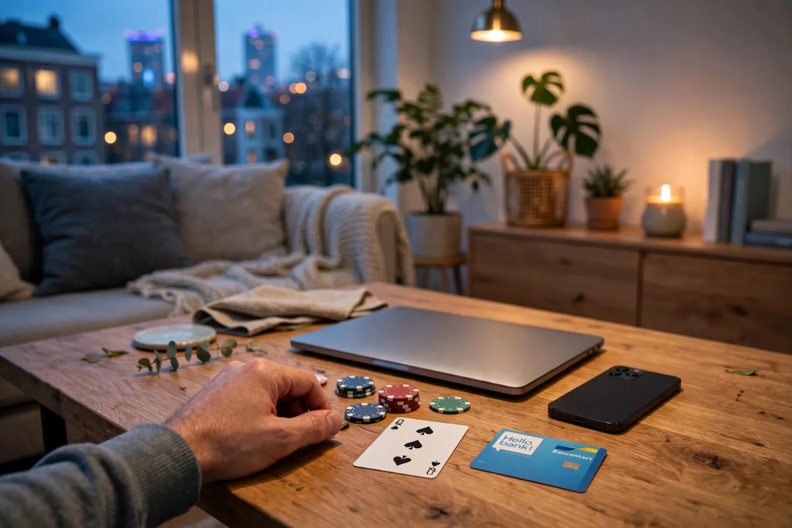 Sfeerfoto van een laptop met bankkaart en casinofiches op tafel