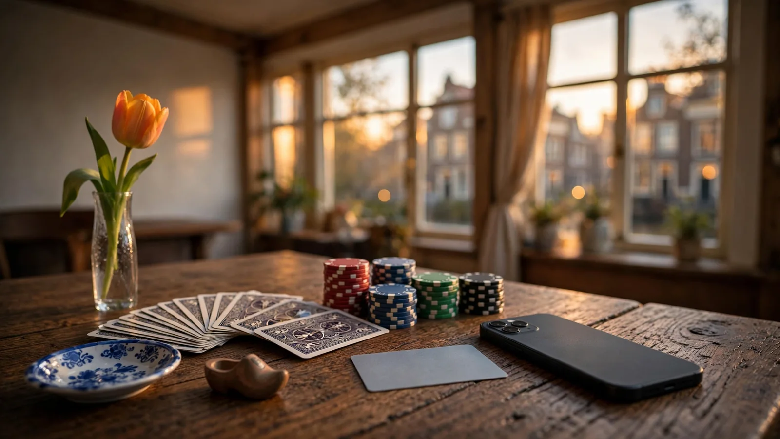 Stilleven met casinochips, speelkaarten, bankpas en smartphone op een houten tafel in een Nederlands grachtenpandinterieur