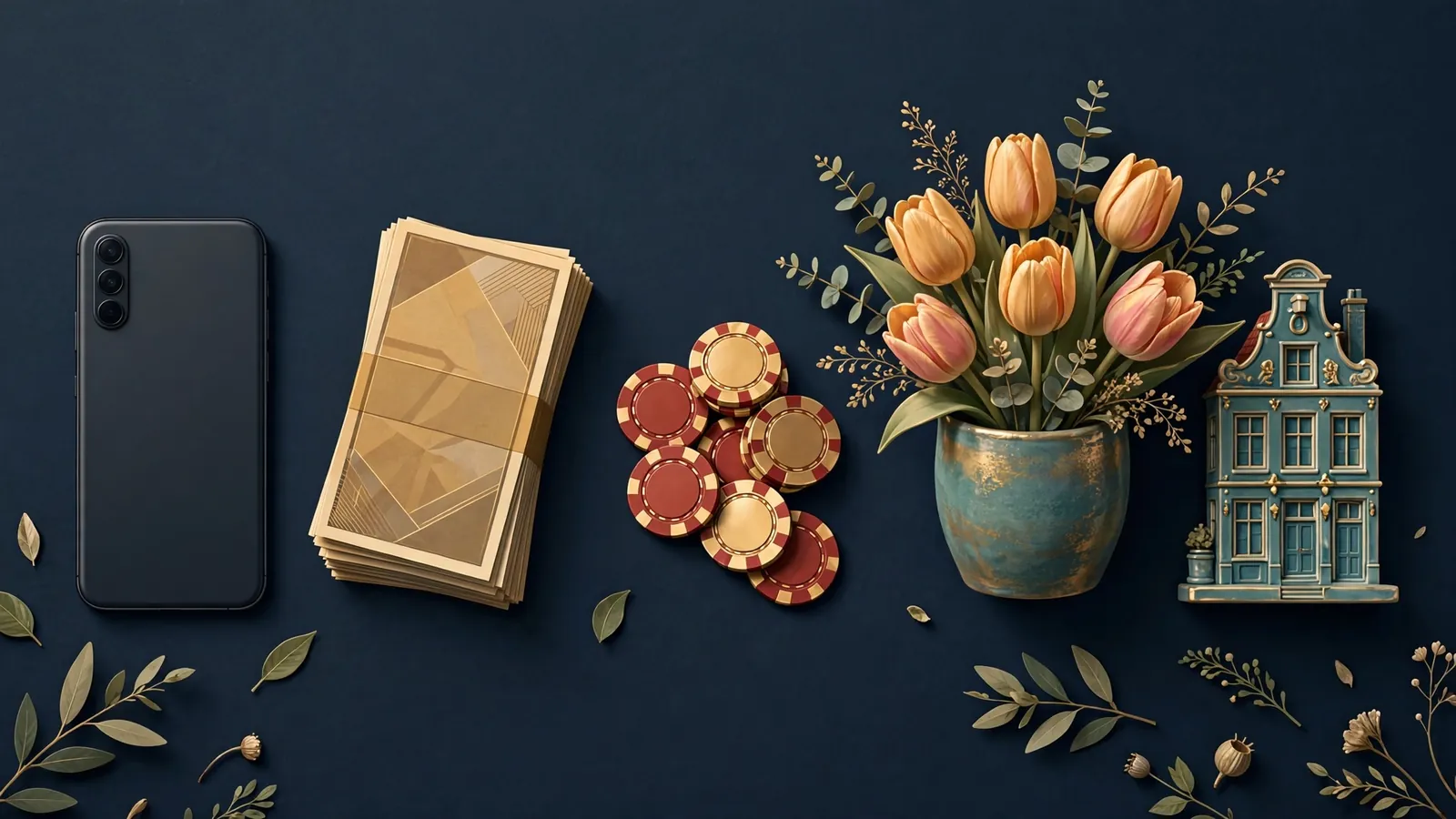 Smartphone met casinofiches en euro's naast een Nederlands tulpboeket