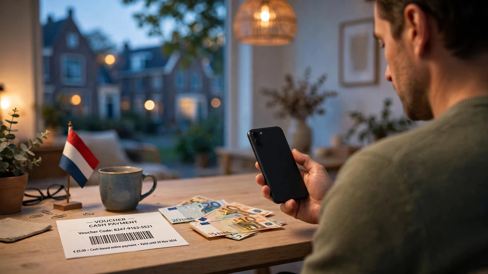 Nederlander met smartphone en CashtoCode-voucher aan bureau