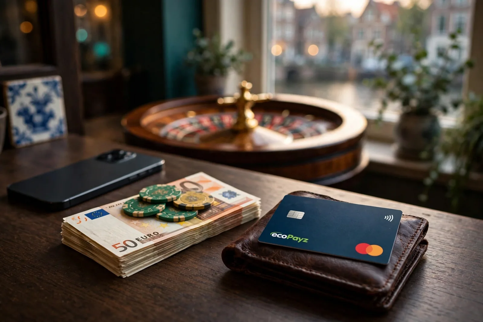 E-wallet, chipstapel en roulettewiel op een bureau