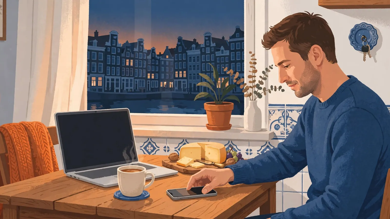 Nederlander met smartphone en laptop bij raam met grachtenpanden