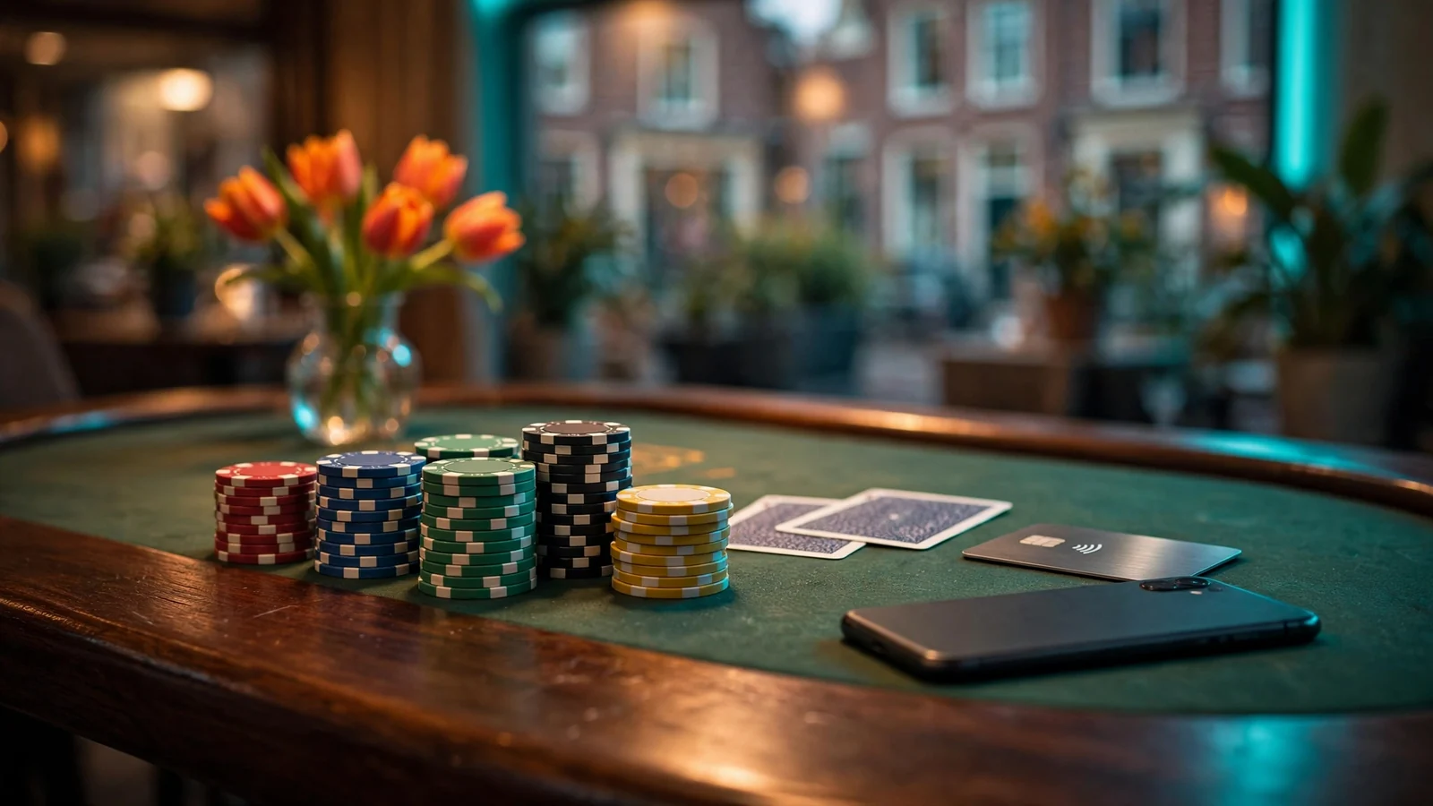 Casino tafel met fiches, speelkaarten en een moderne betaalpas