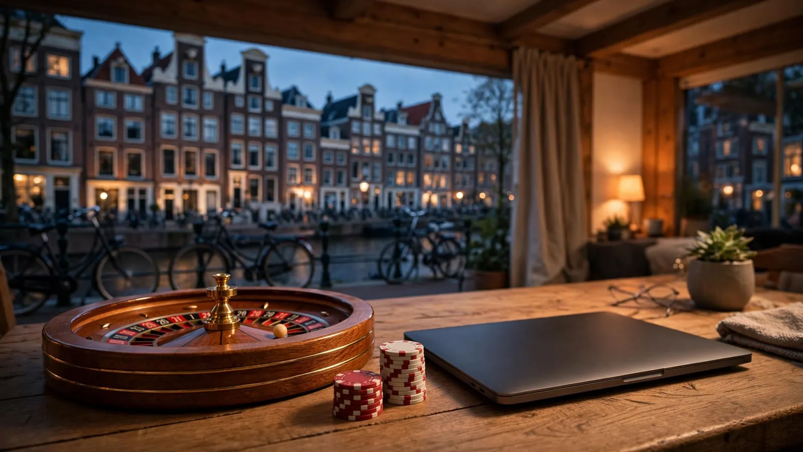 Hollandse avondsfeer met roulettewiel, fiches en gesloten laptop