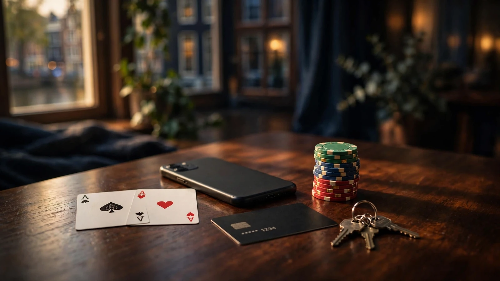 Stilleven met smartphone, casino fiches en creditcard in Amsterdamse sfeer