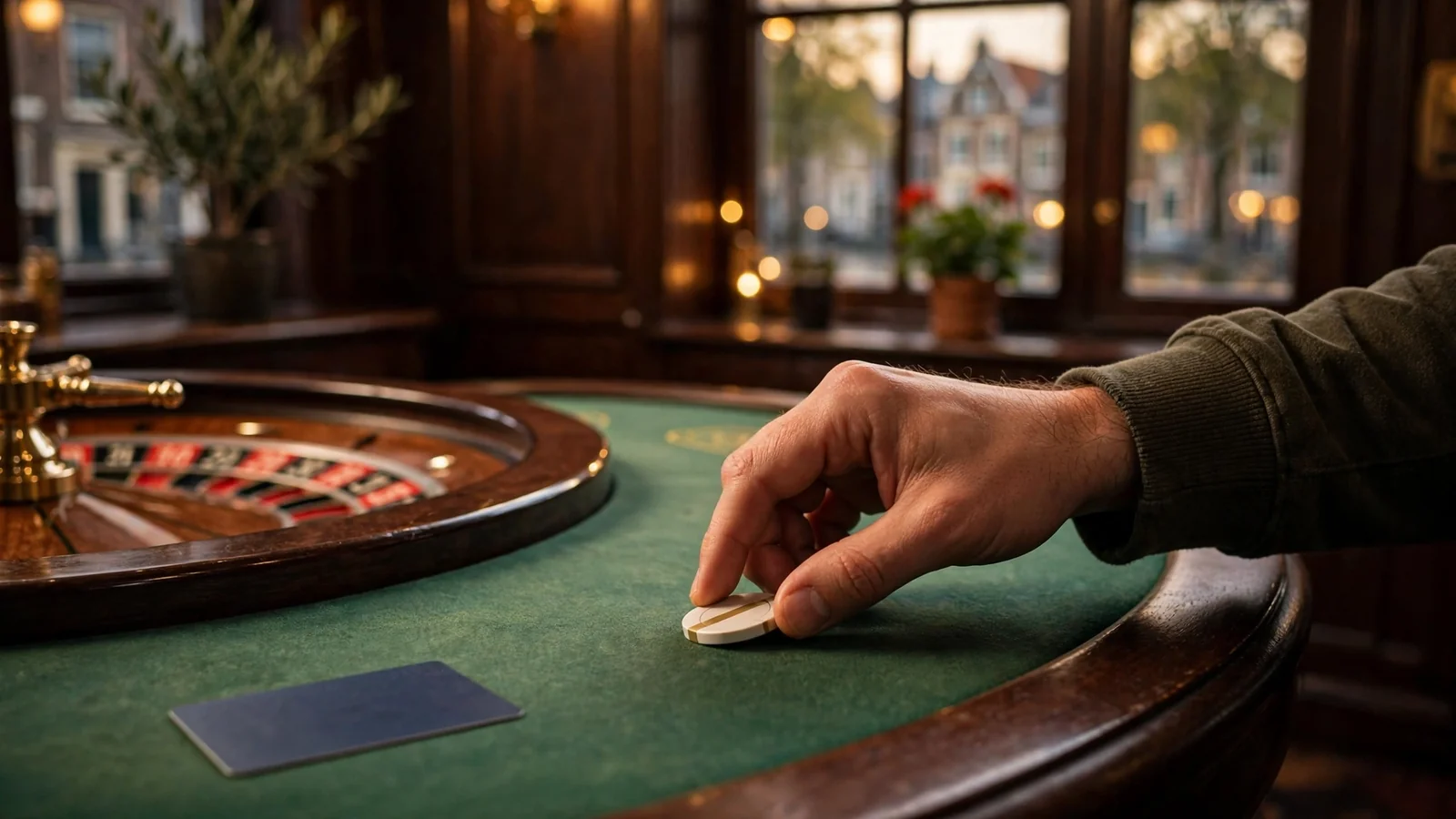 Chip en roulettewiel met betaalkaart op casinotafel