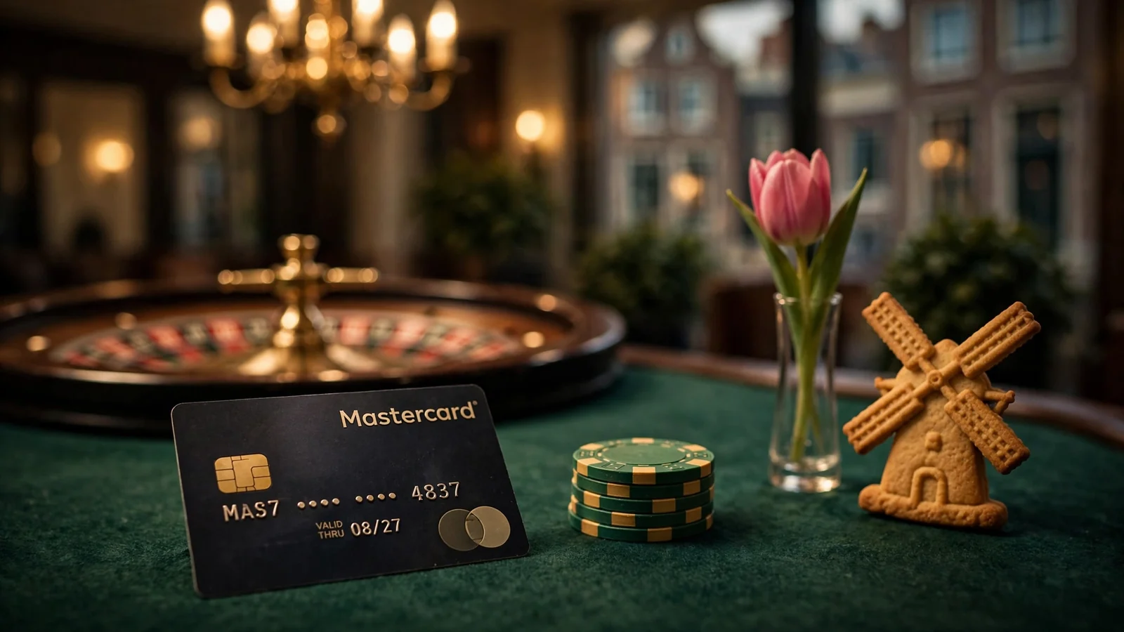 Mastercard-kaart met casinofiches op een groene tafel.