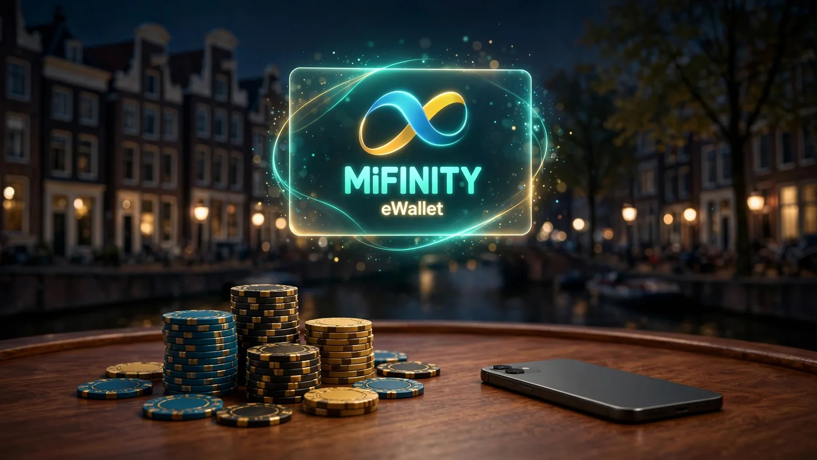 Casino tafel met chips en MiFinity e-wallet illustratie
