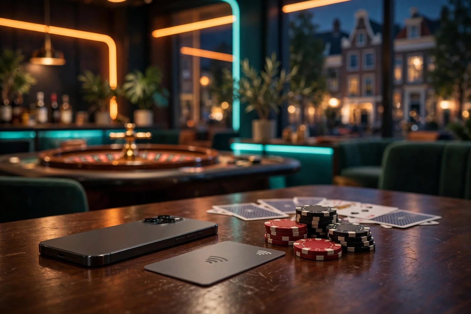 Smartphone en casinochips op tafel in een modern online casino
