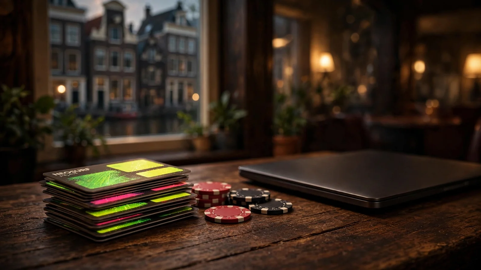 Neosurf prepaidkaarten met casinofiches op een tafel
