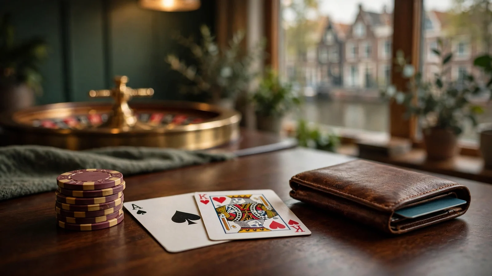 Casinochips, speelkaarten en roulettewiel op een bureau met portemonnee
