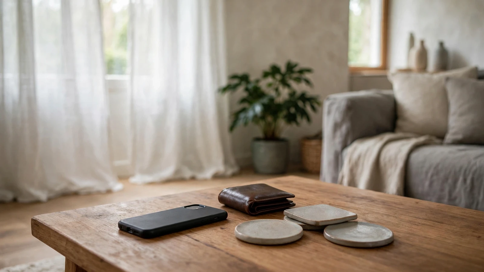 Stilleven met smartphone en portemonnee in een rustige Nederlandse woonkamer