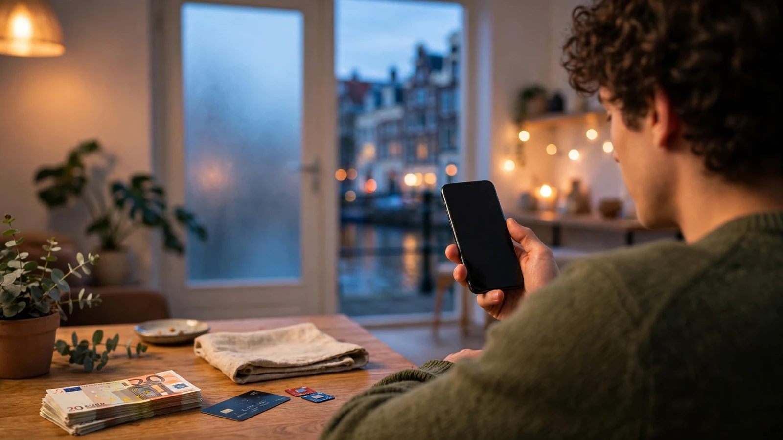 Nederlander met smartphone, euro's en casinochips in modern appartement