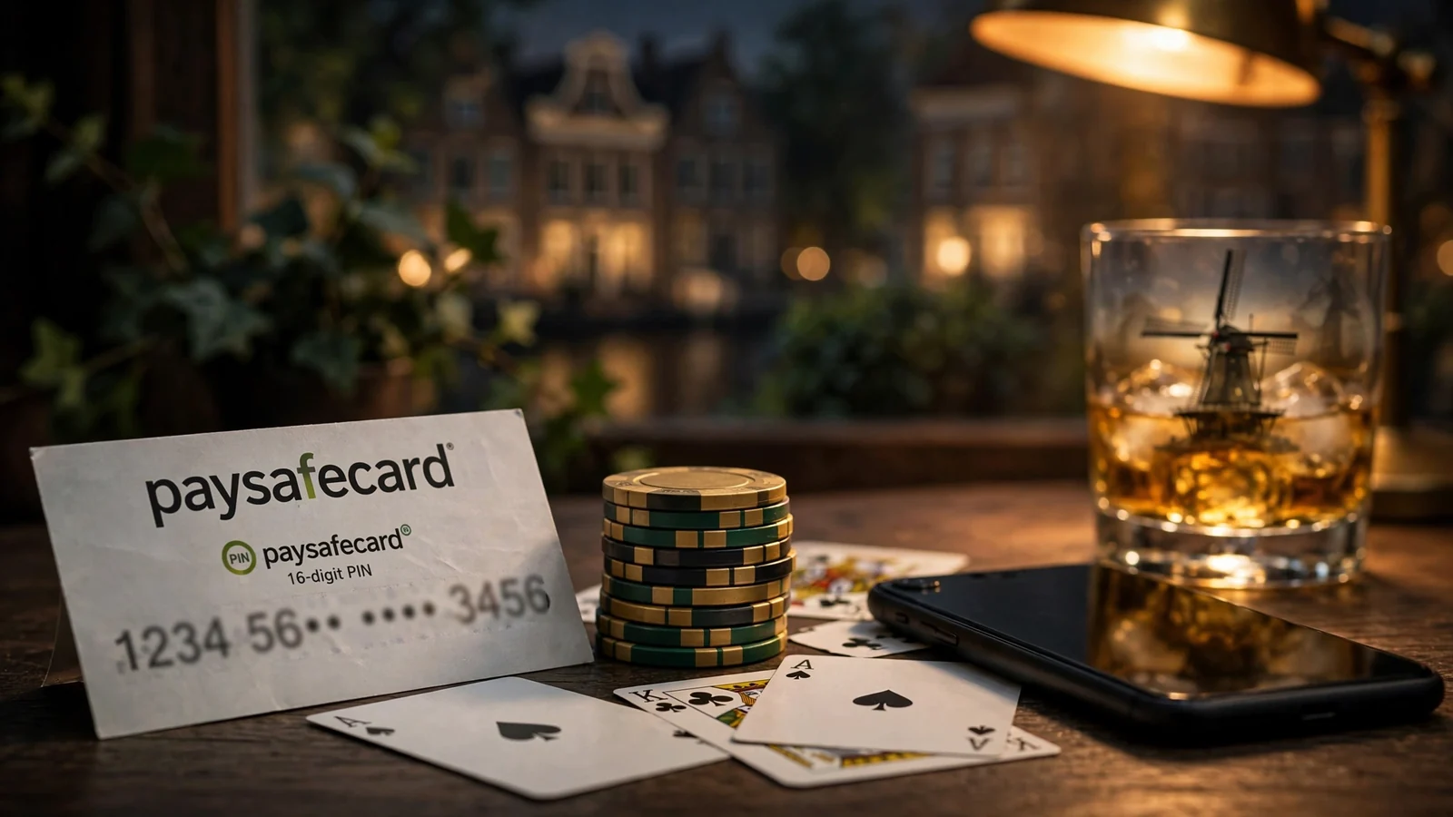 Paysafecard voucher met pokerchips en speelkaarten op een tafel