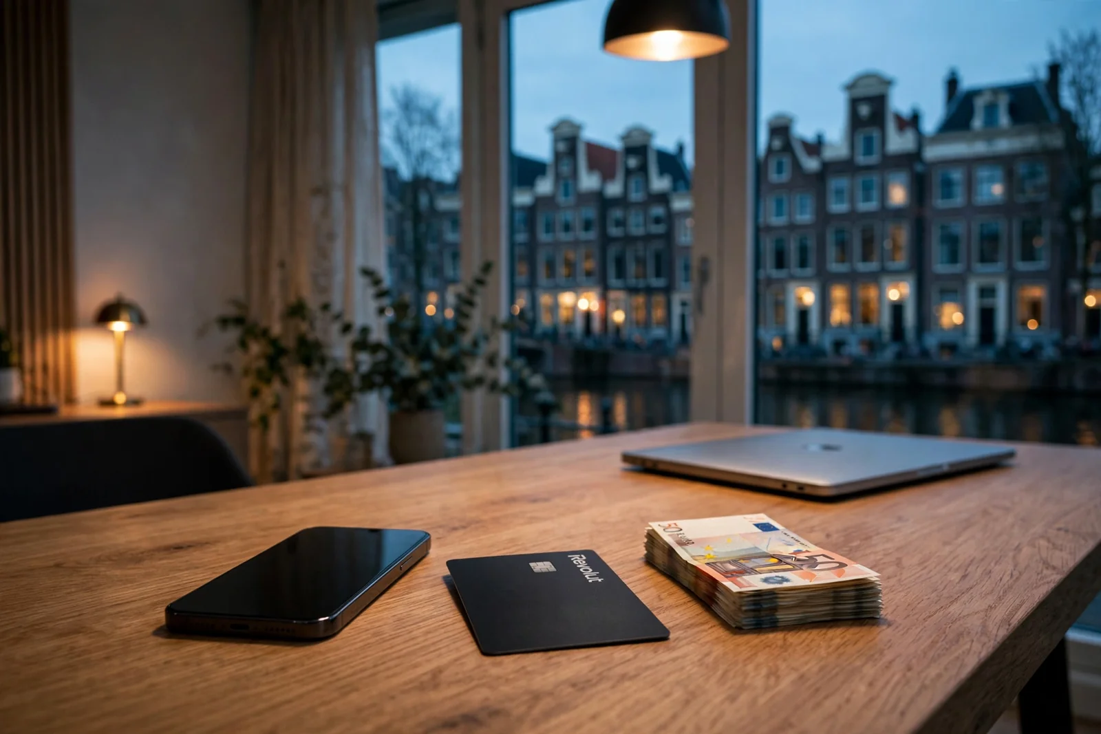 Moderne bankpas en smartphone op tafel in Nederlands interieur