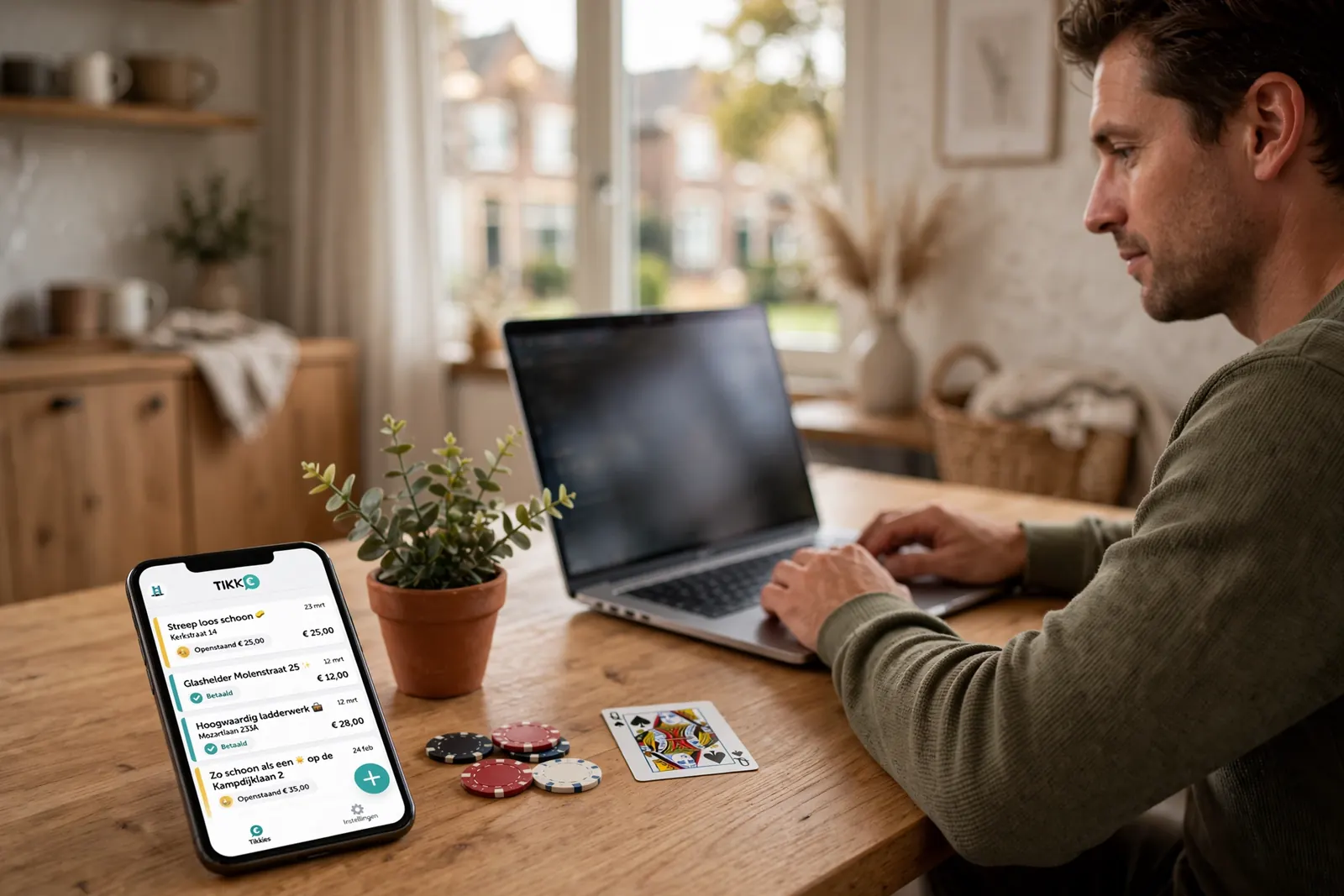 Nederlandse speler met telefoon en casino-chip aan tafel