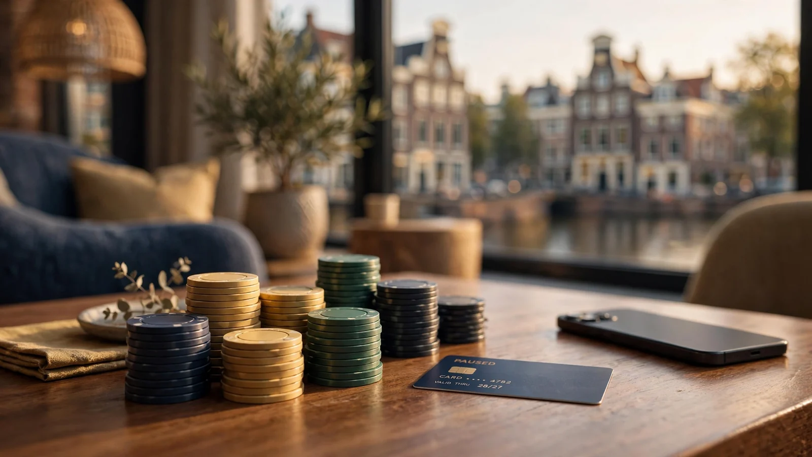 Stapels casinofiches en een Visakaart op een tafel met Amsterdamse grachtenpanden op de achtergrond