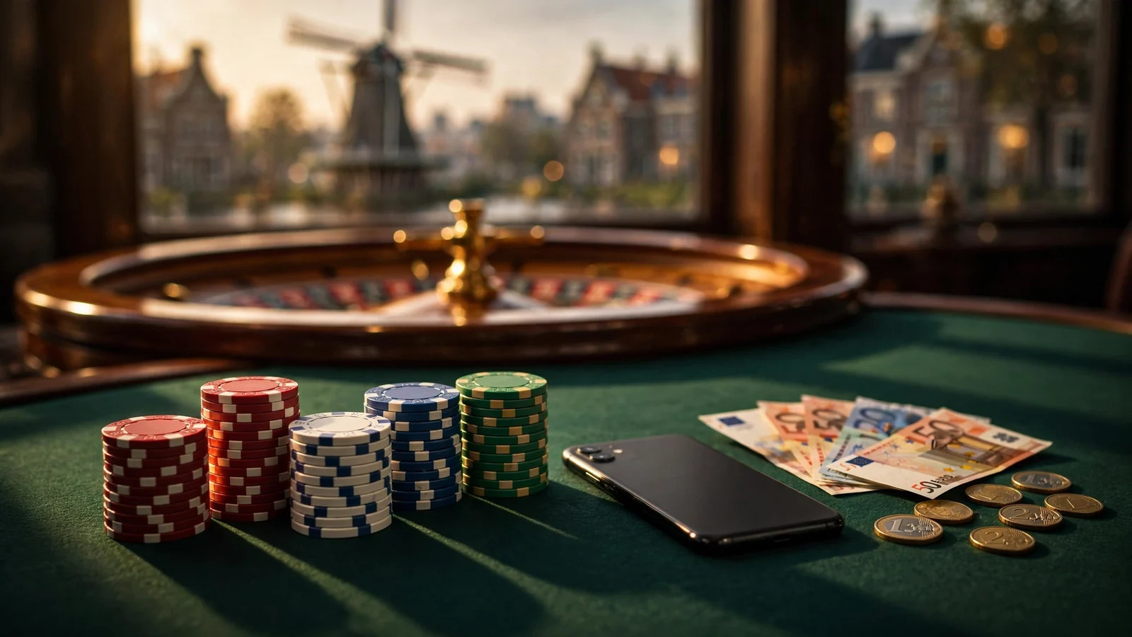 Stapels pokerfiches en eurobankbiljetten naast een smartphone op groene casinofelt.