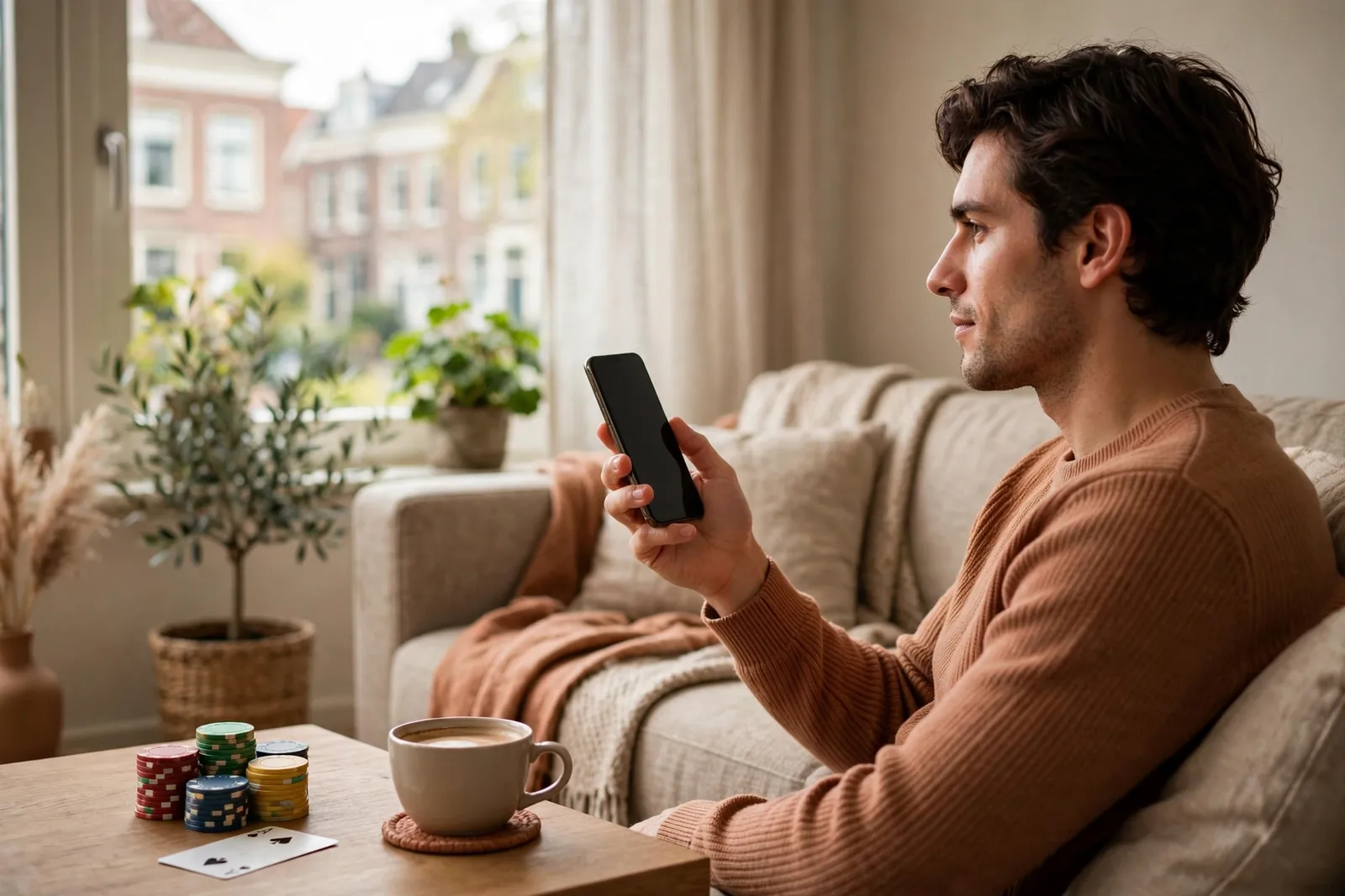Persoon op de bank met telefoon en casinofiches op tafel