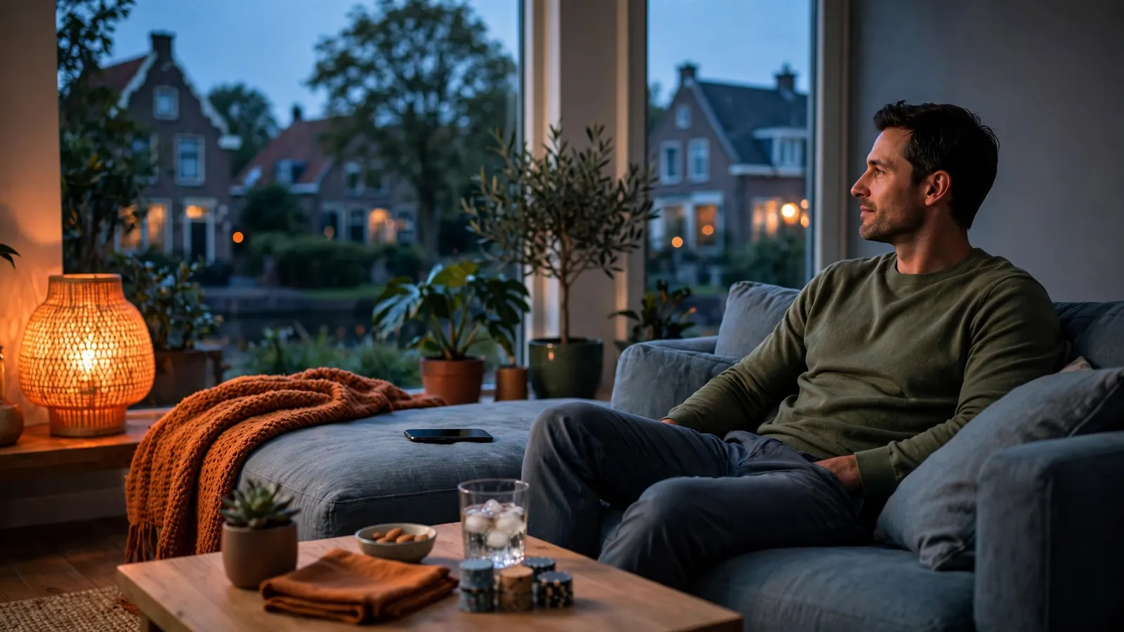 Nederlander ontspant thuis met telefoon en pokerfiches op tafel