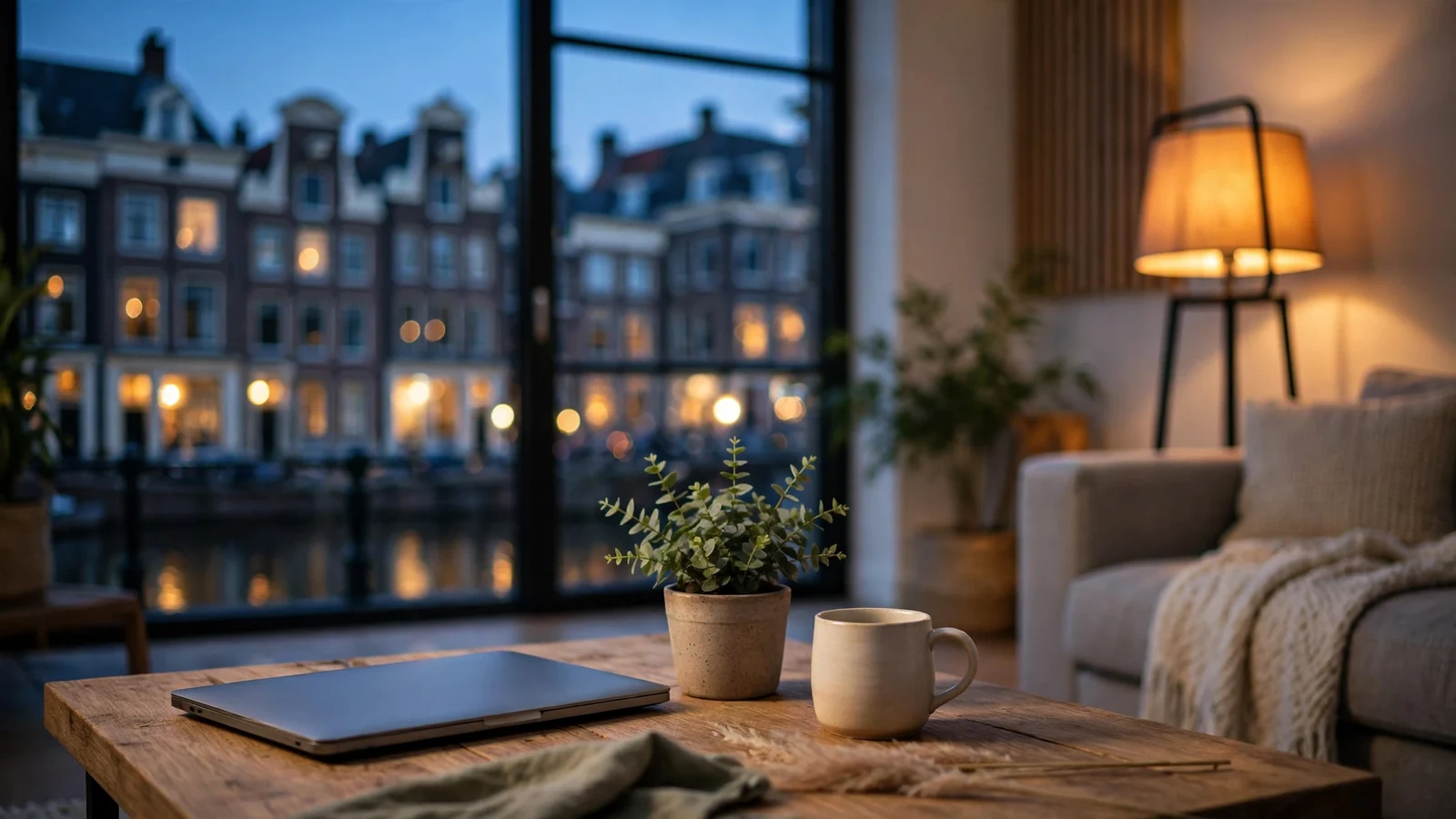 Moderne Nederlandse woonkamer met gesloten laptop bij avondlicht