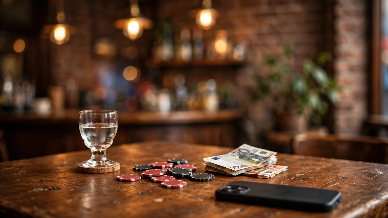 Sfeervol Nederlands café met pokerfiches en jenever op tafel