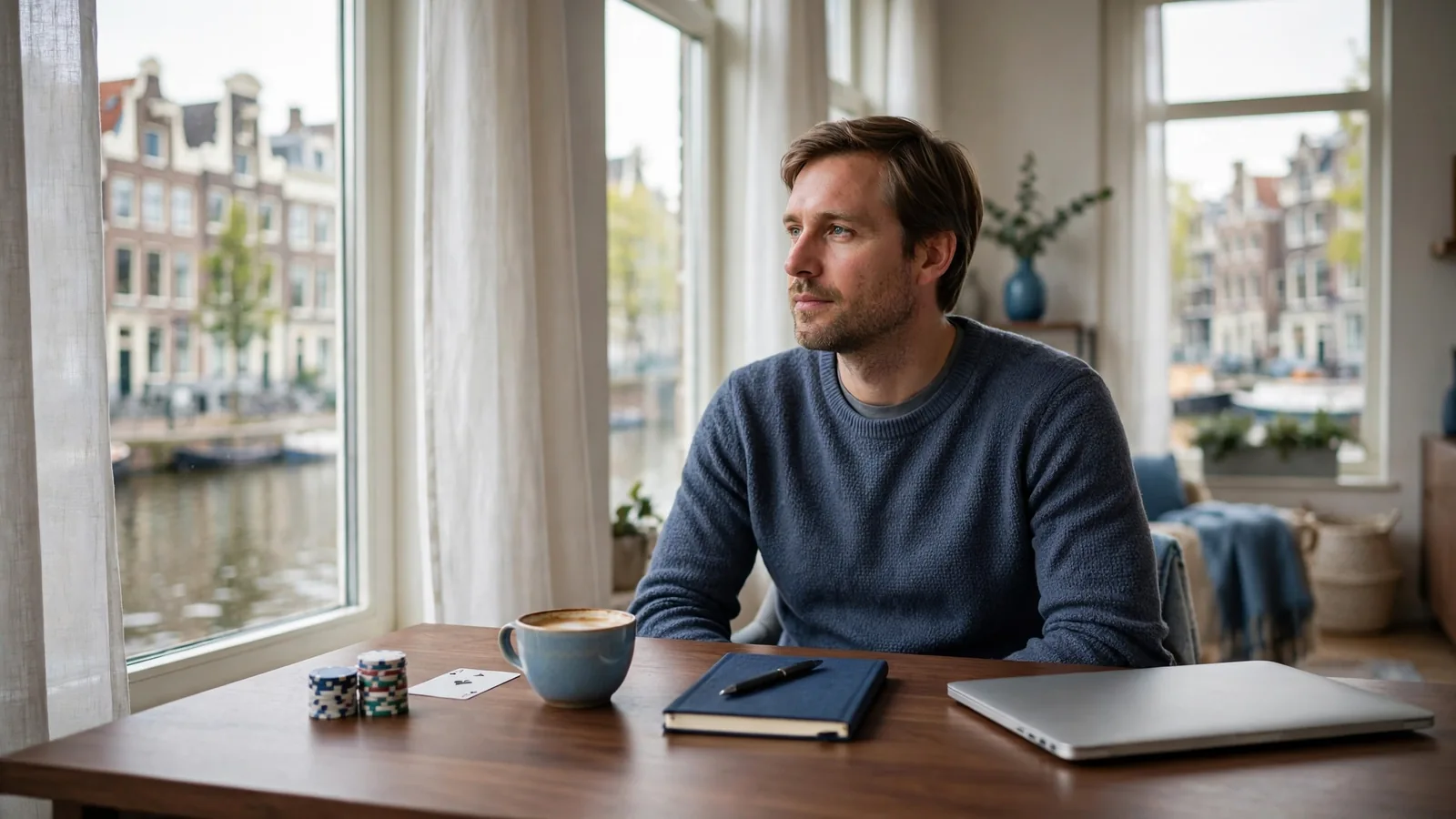 Nederlandse man aan een bureau met casinofiches, speelkaart en koffie in modern Amsterdams interieur