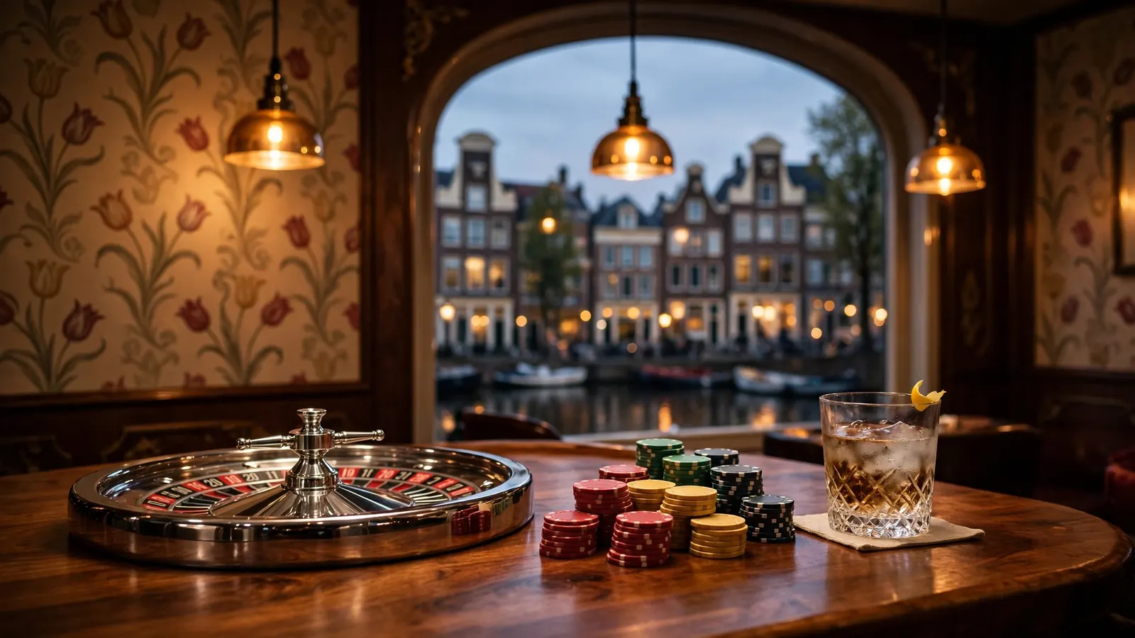 Stijlvolle Amsterdamse casinokelder met roulettewiel en Hollandse sfeer