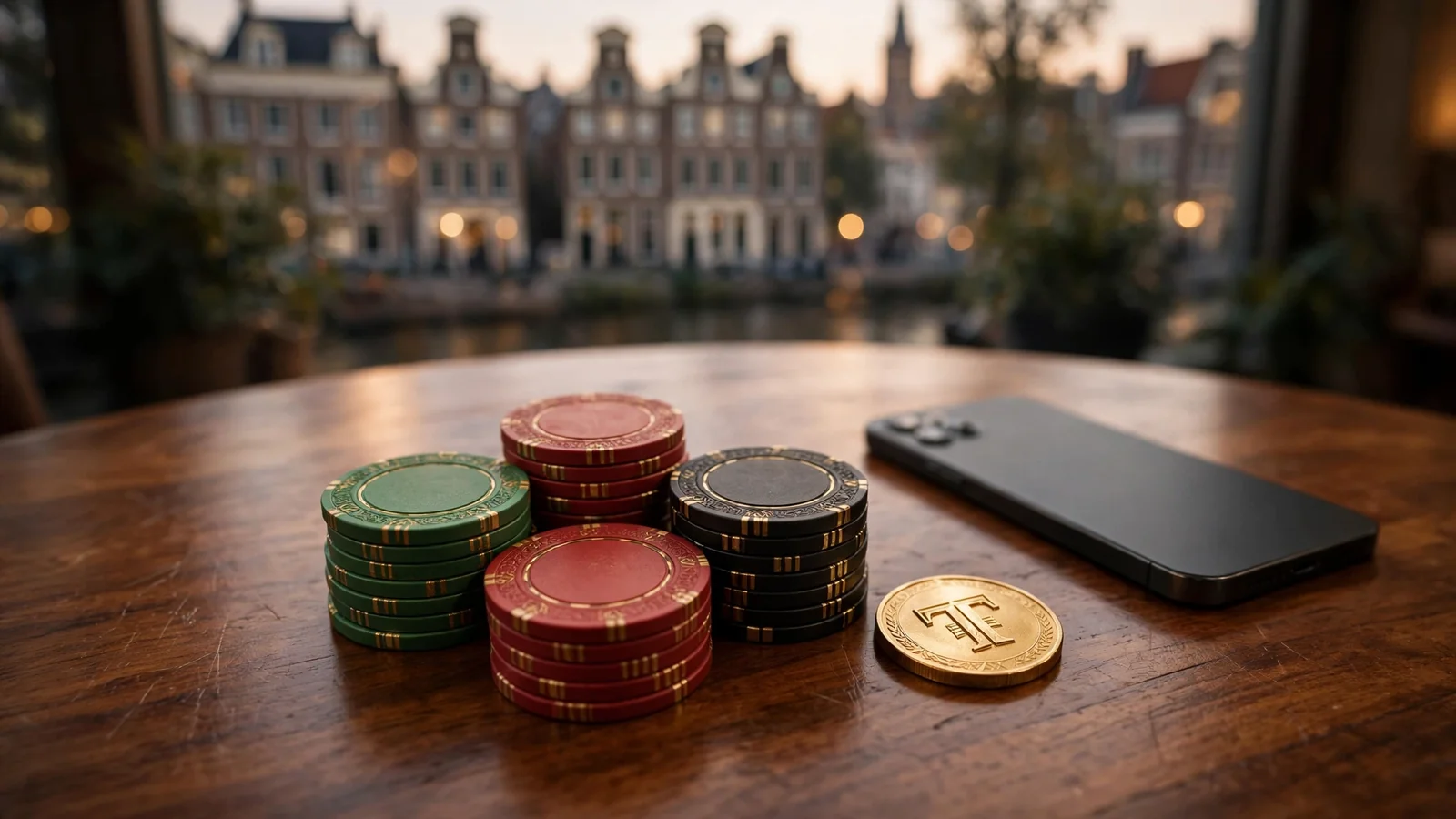 Casinochips en een Tether-munt op een tafel naast een dichtgeklapte laptop, Nederlandse grachtenhuizen op de achtergrond.