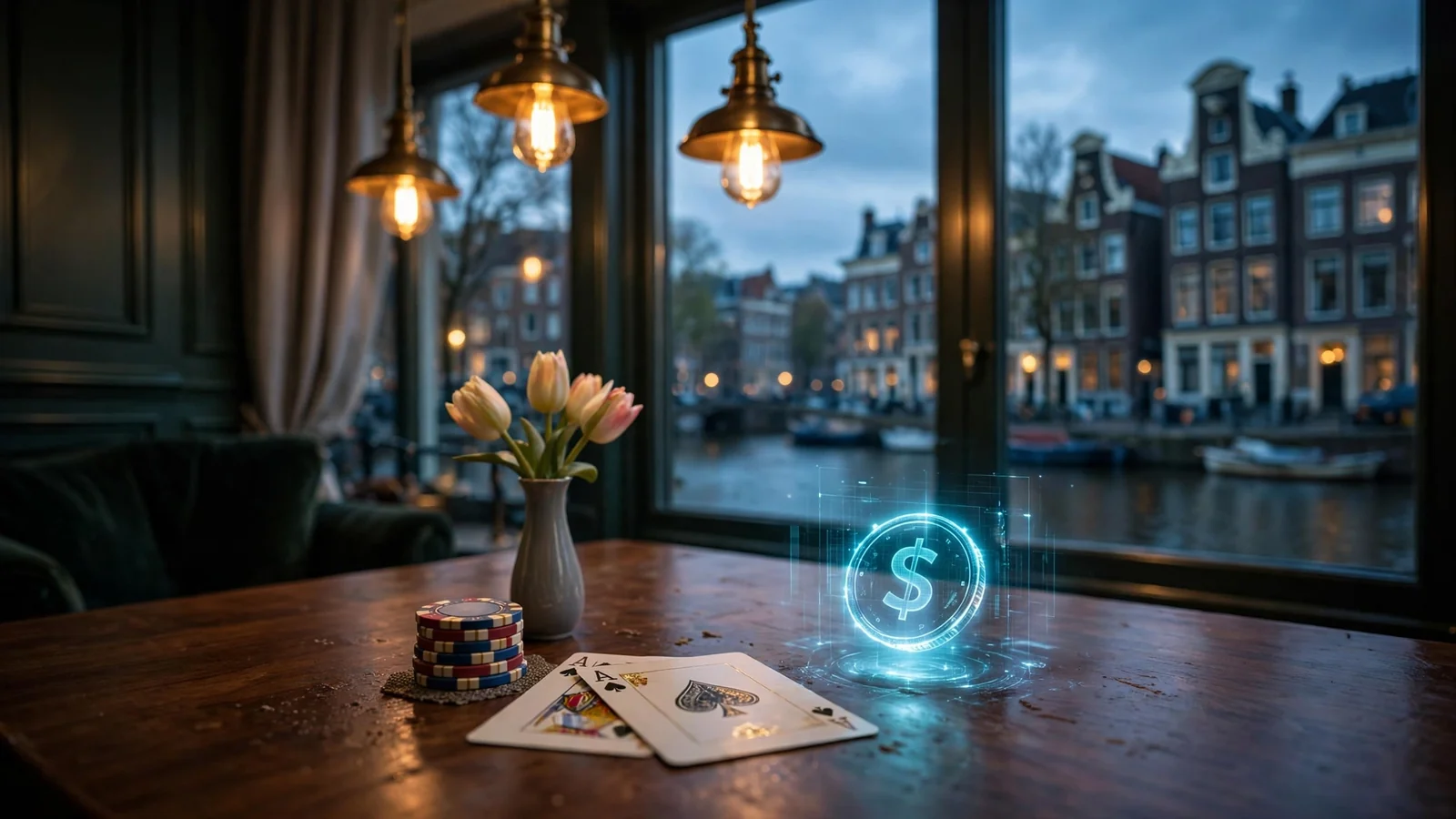 Sfeervolle Amsterdamse grachtenpand-scène met casinochips en een gloeiende cryptomunt op tafel