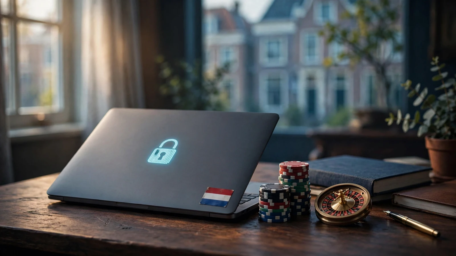 Laptop met slot-icoon en casinostukken op een bureau