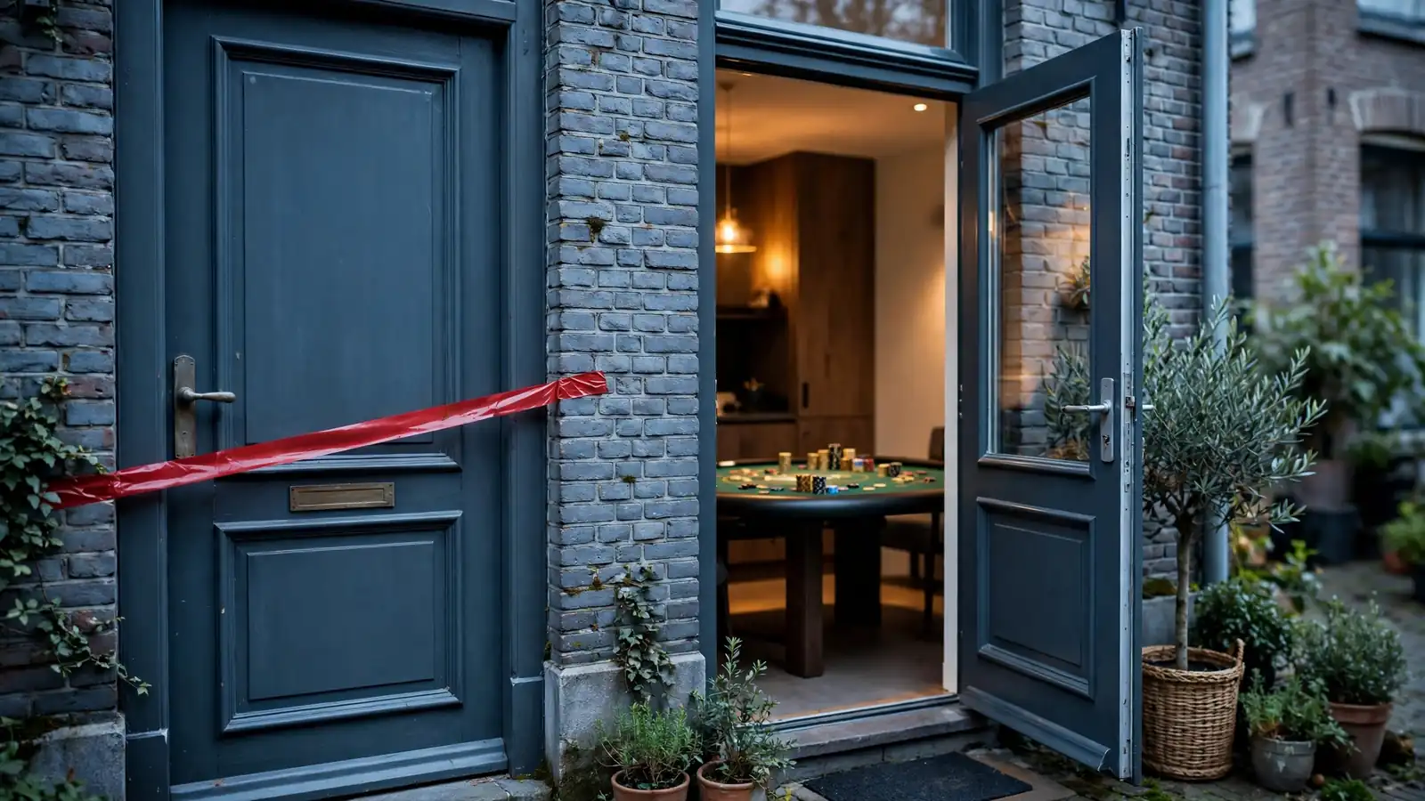 Afgesloten deur met rood waarschuwingstape naast open deur met casinotafel
