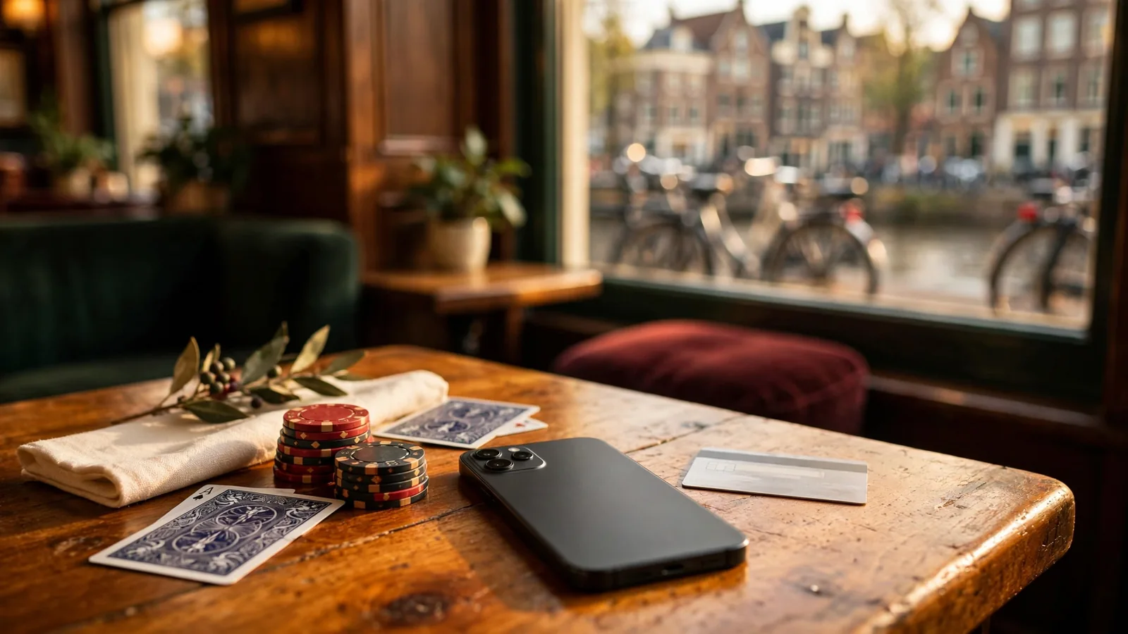 Smartphone met casinofiches en betaalkaart in een gezellige Nederlandse bruine kroeg