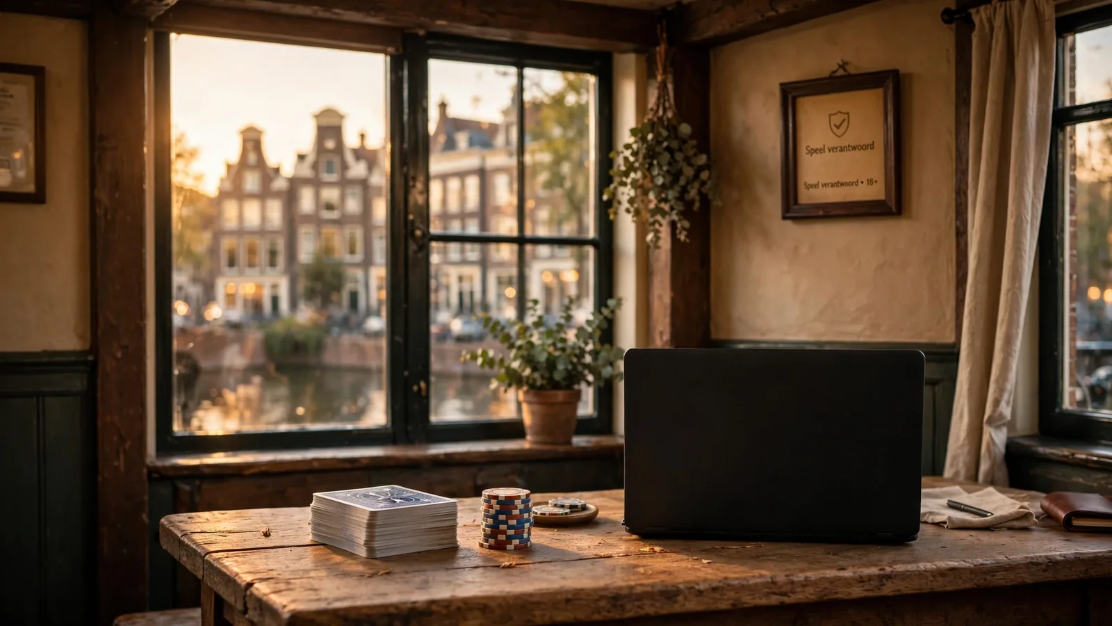 Houten tafel met speelkaarten en fiches, gesloten laptop, uitzicht op grachtenpanden door het raam.
