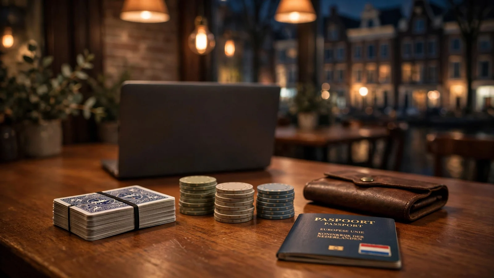Casino chips en kaarten op een houten tafel in een Amsterdamse sfeer