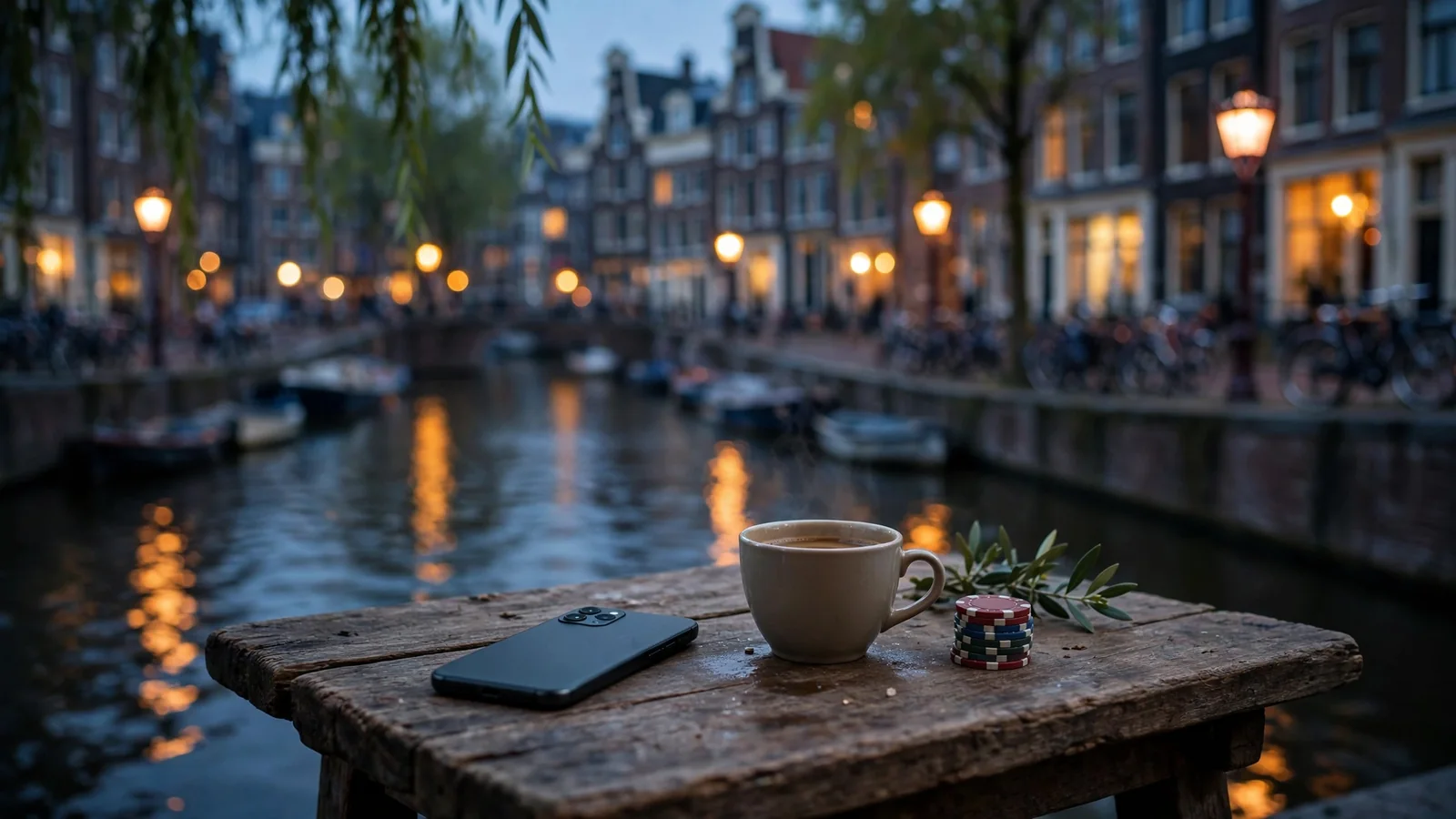 Smartphone met pokerfiches aan een gracht in Amsterdam