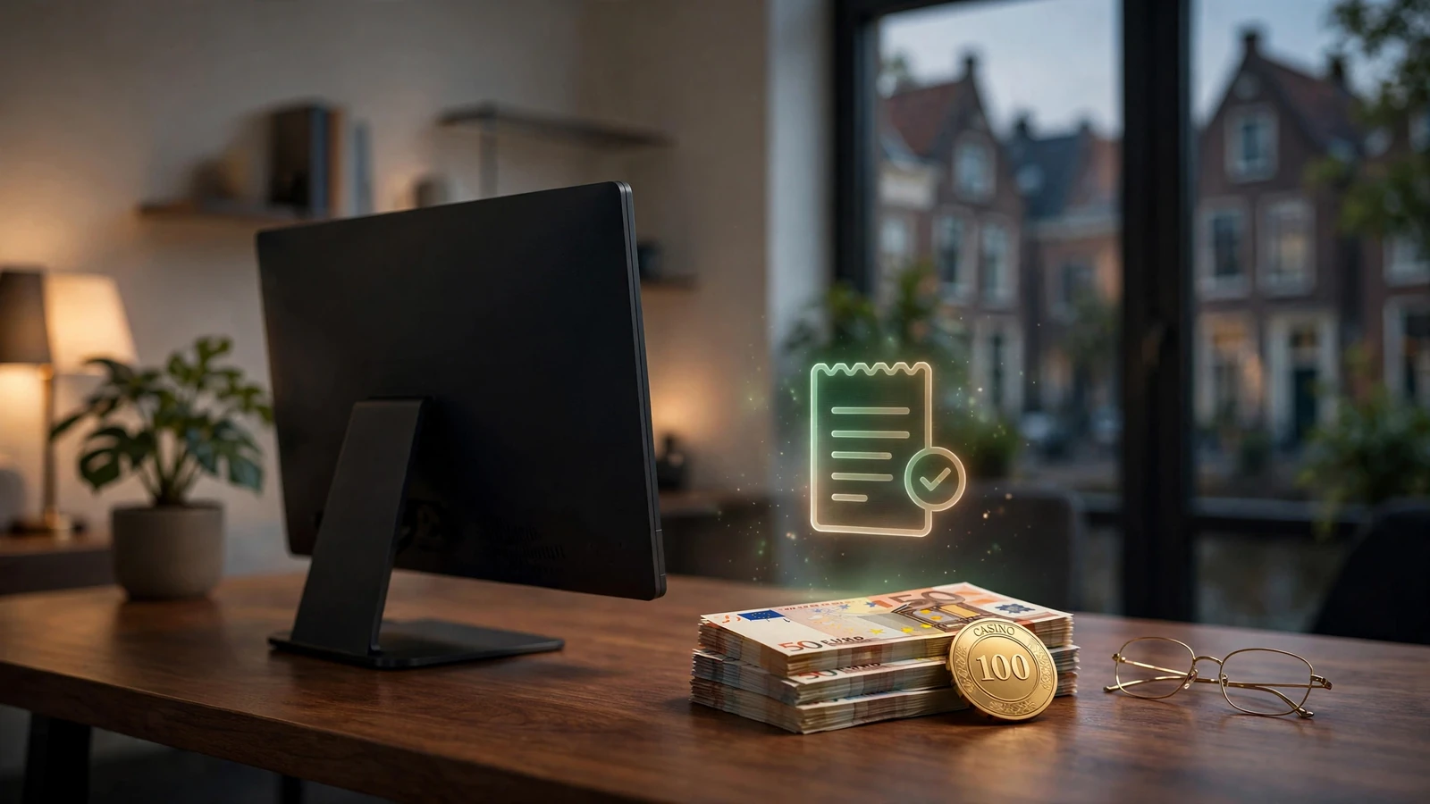Bureau met euro's, chip en monitor met cashback-symbool