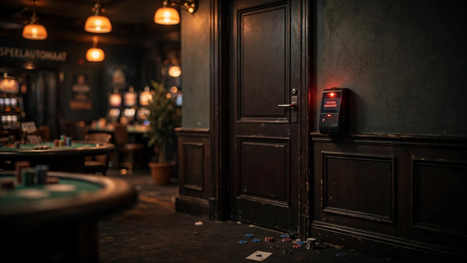Gesloten deur bij een Nederlandse casino-ingang met weigerende toegangsterminal