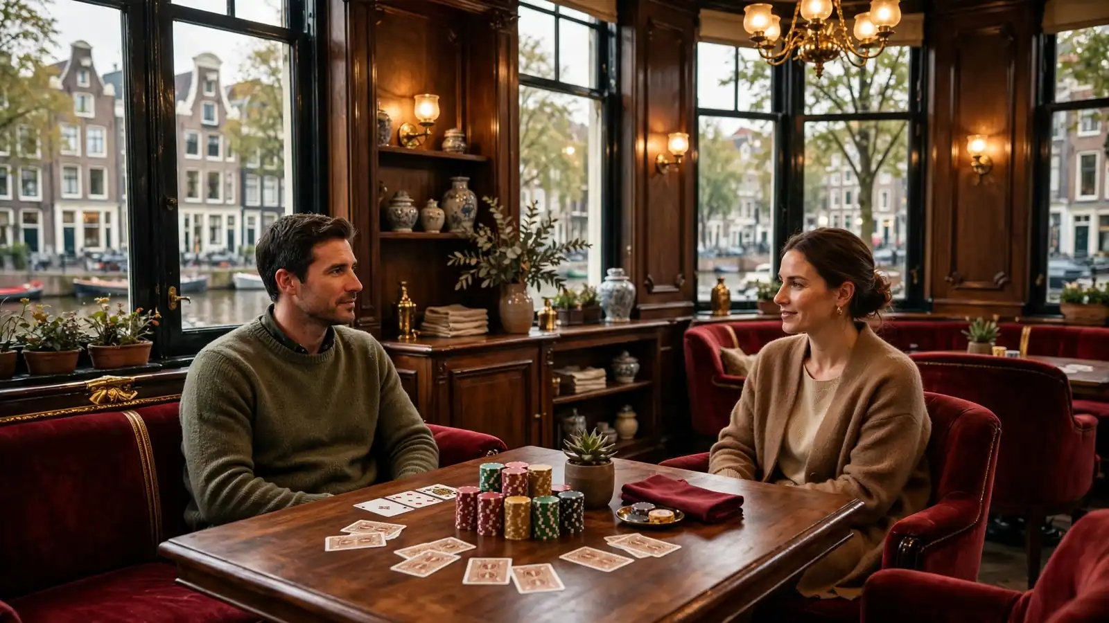 Stijlvolle Nederlandse casino lounge met speelfiches en kaarten op tafel.