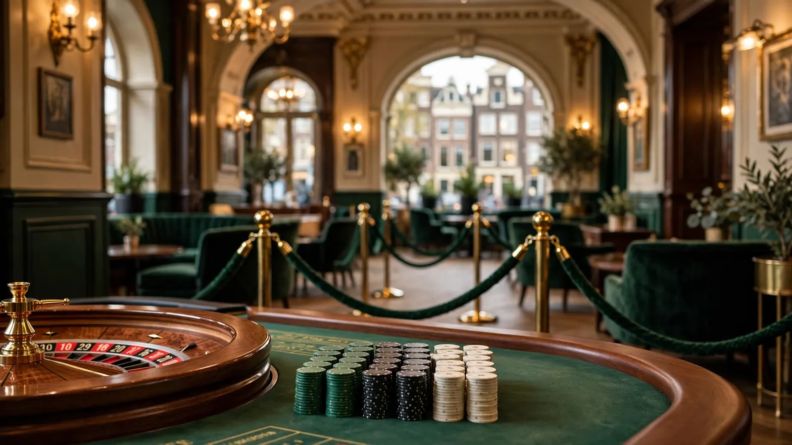 Elegant Nederlands casino-interieur met roulettetafel en chips