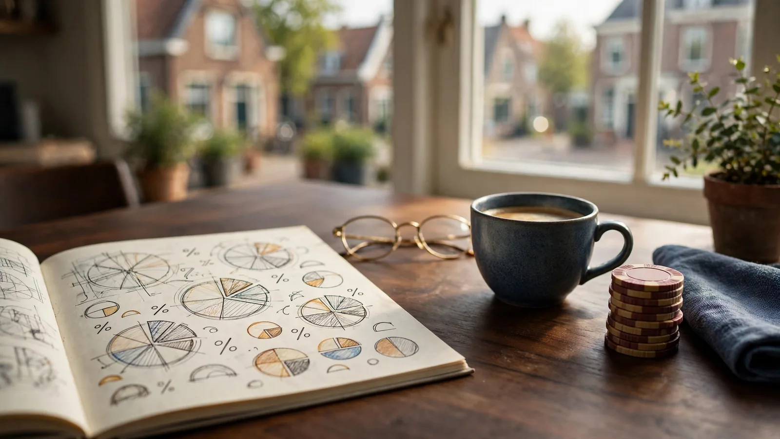 Boek met percentages, leesbril en casinofiches op een bureau