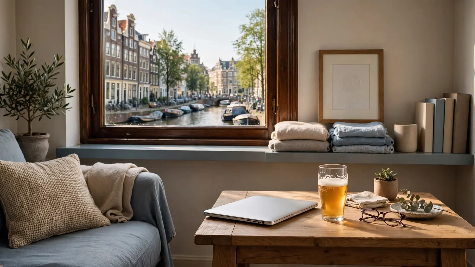 Modern Nederlands interieur met gesloten laptop en KSA-vergunning op de plank