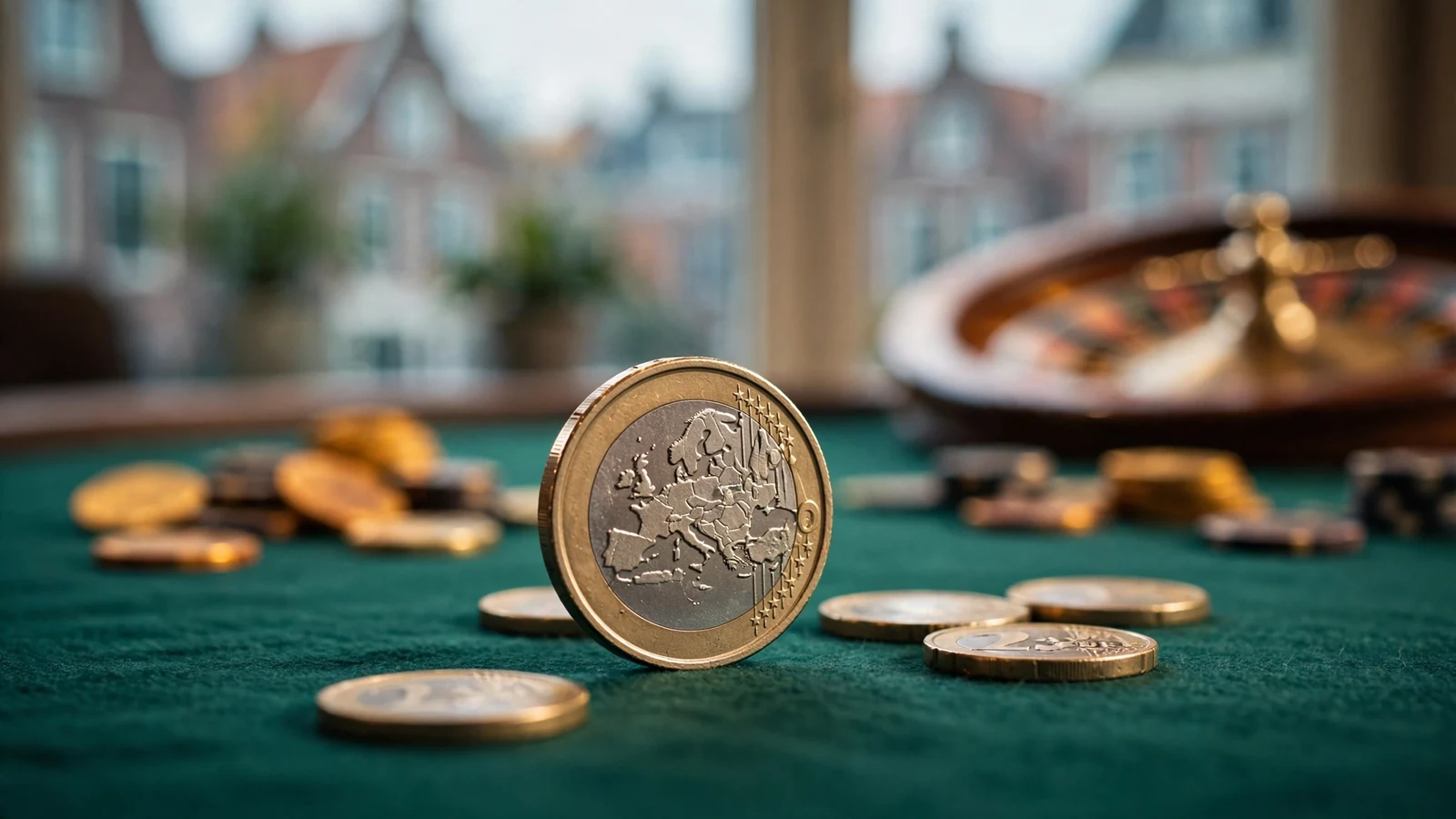 Eén euromunt op een groene casinotafel met fiches en roulette op de achtergrond