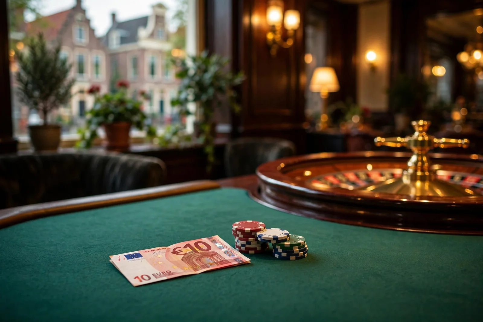 Casino tafel met €10 biljet en pokerfiches bij roulettewiel