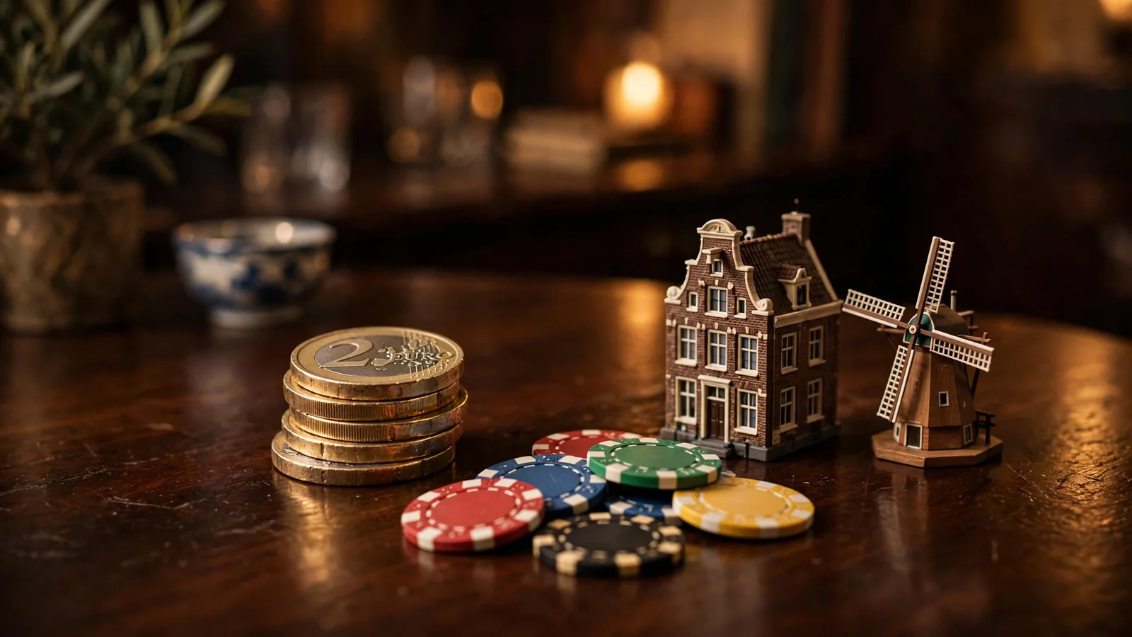 Stapel euromunten van vijf euro met pokerfiches en Nederlandse windmolenfiguur