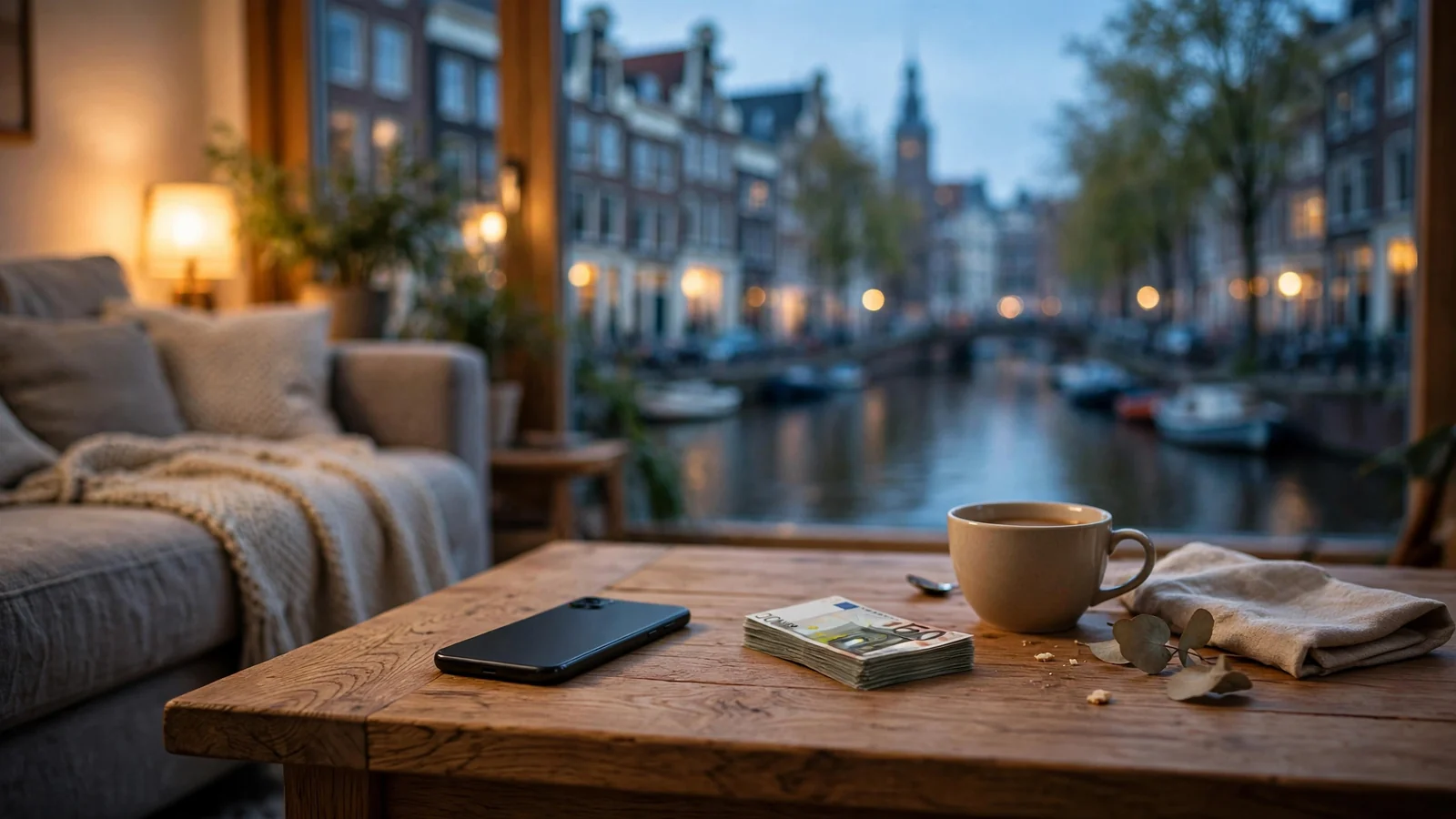 Smartphone met euro's op tafel in een Nederlands interieur