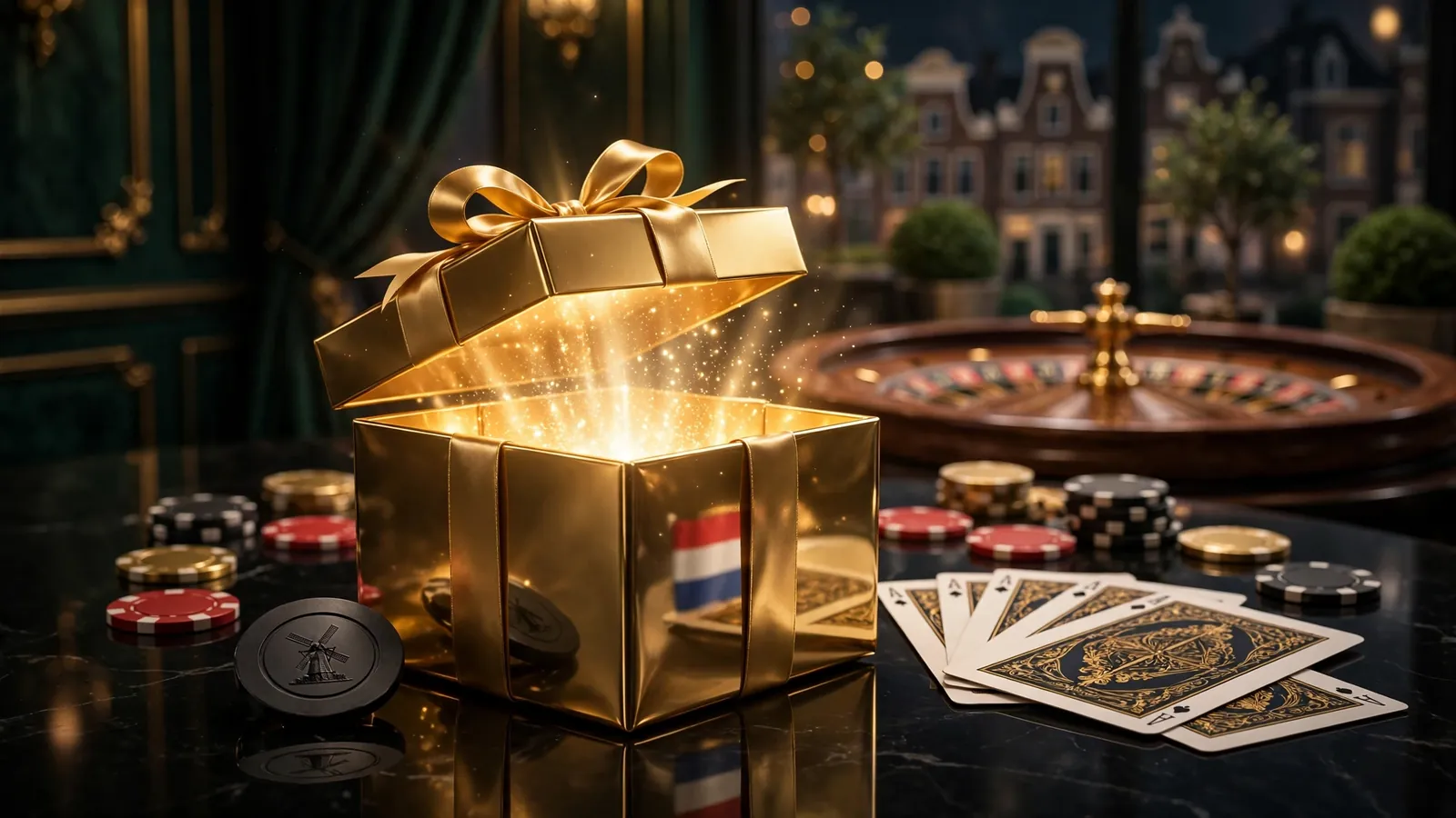 Gouden cadeau met casinofiches en roulette op groene achtergrond