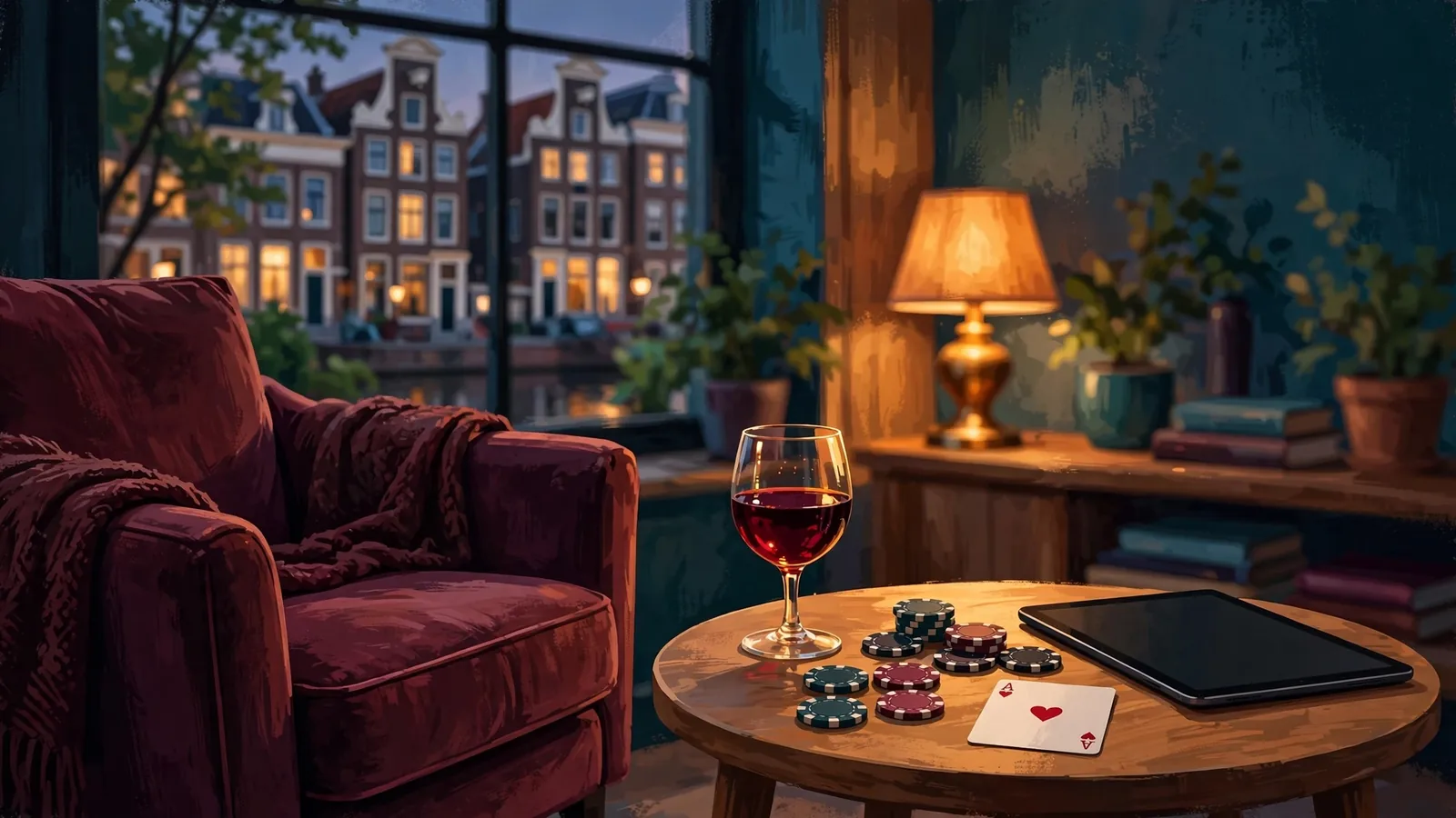 Sfeervolle illustratie van een Nederlands huiskamer met casinofiches en een omgedraaide tablet