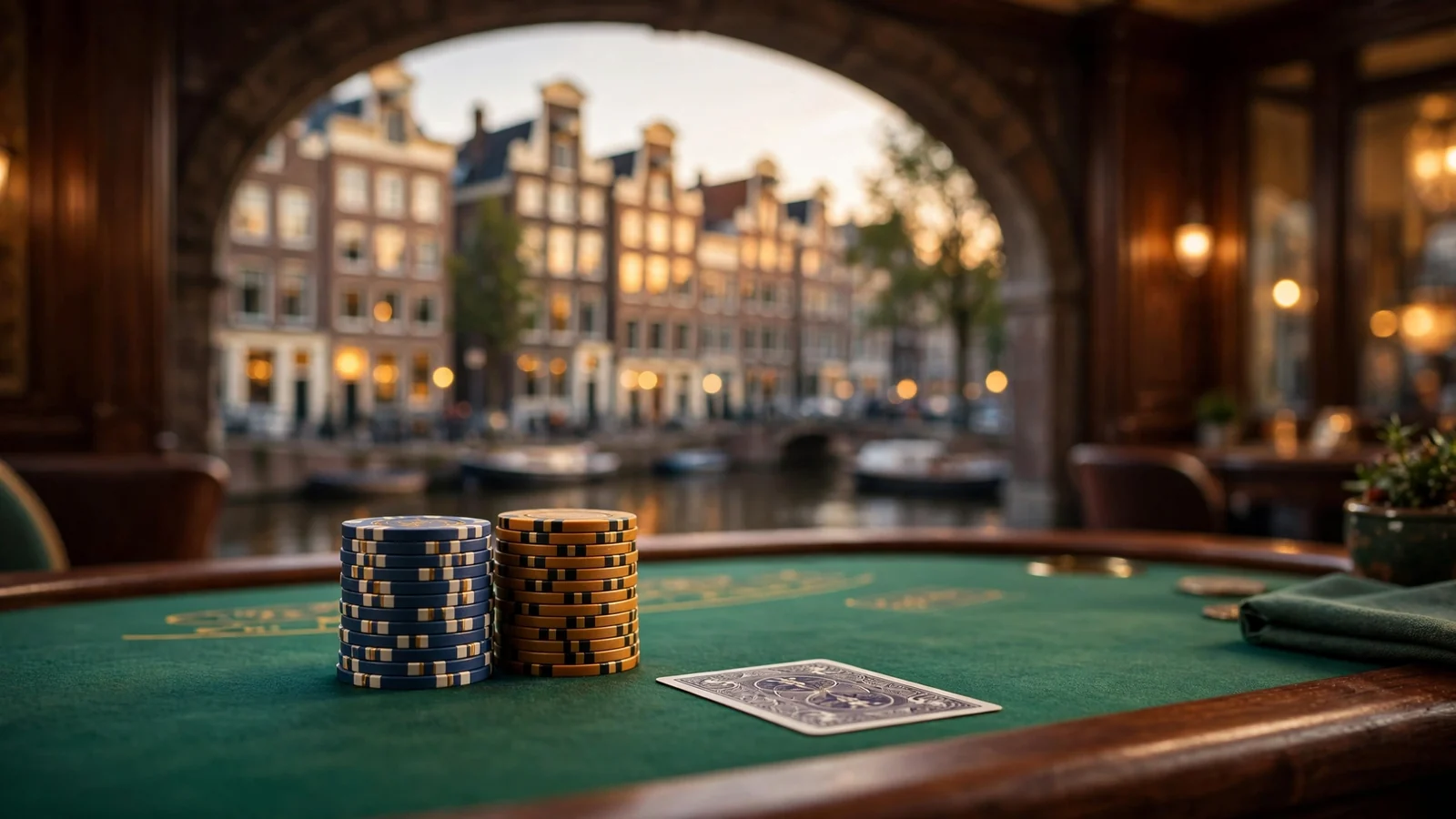 Elegante casinotafel in Amsterdam met twee stapels chips en grachtenpanden op de achtergrond.