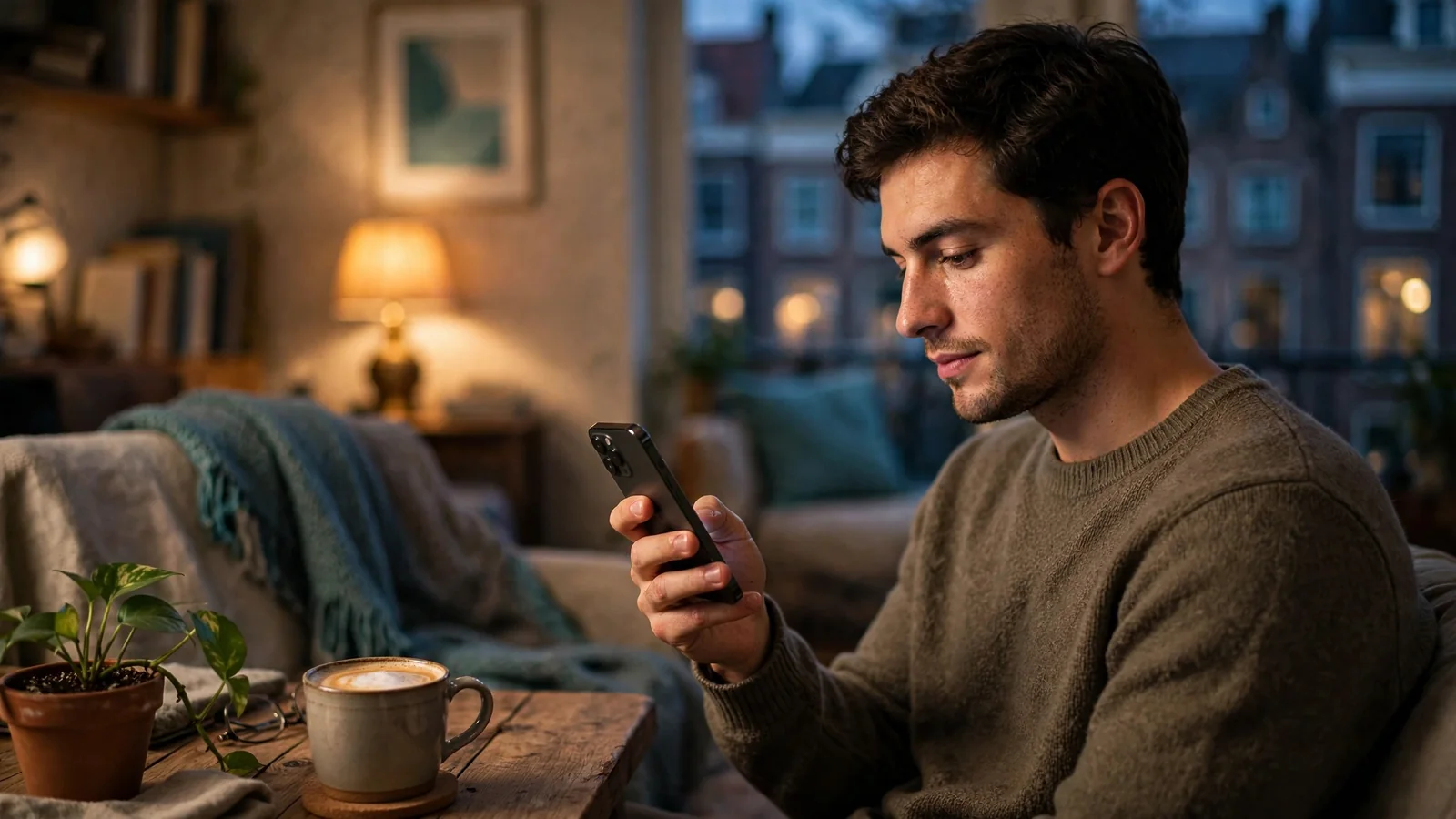 Persoon speelt alleen thuis op een smartphone in een rustig Nederlands appartement